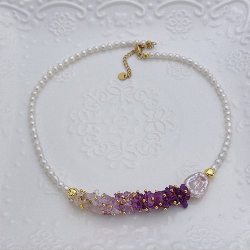 Pearl and Amethyst Ombre Necklace - Gold Accents